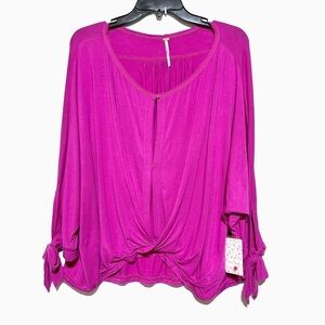 Free People Keeping On Cut Out Front Tie Sleeve Oversized Top Pink Size L NEW